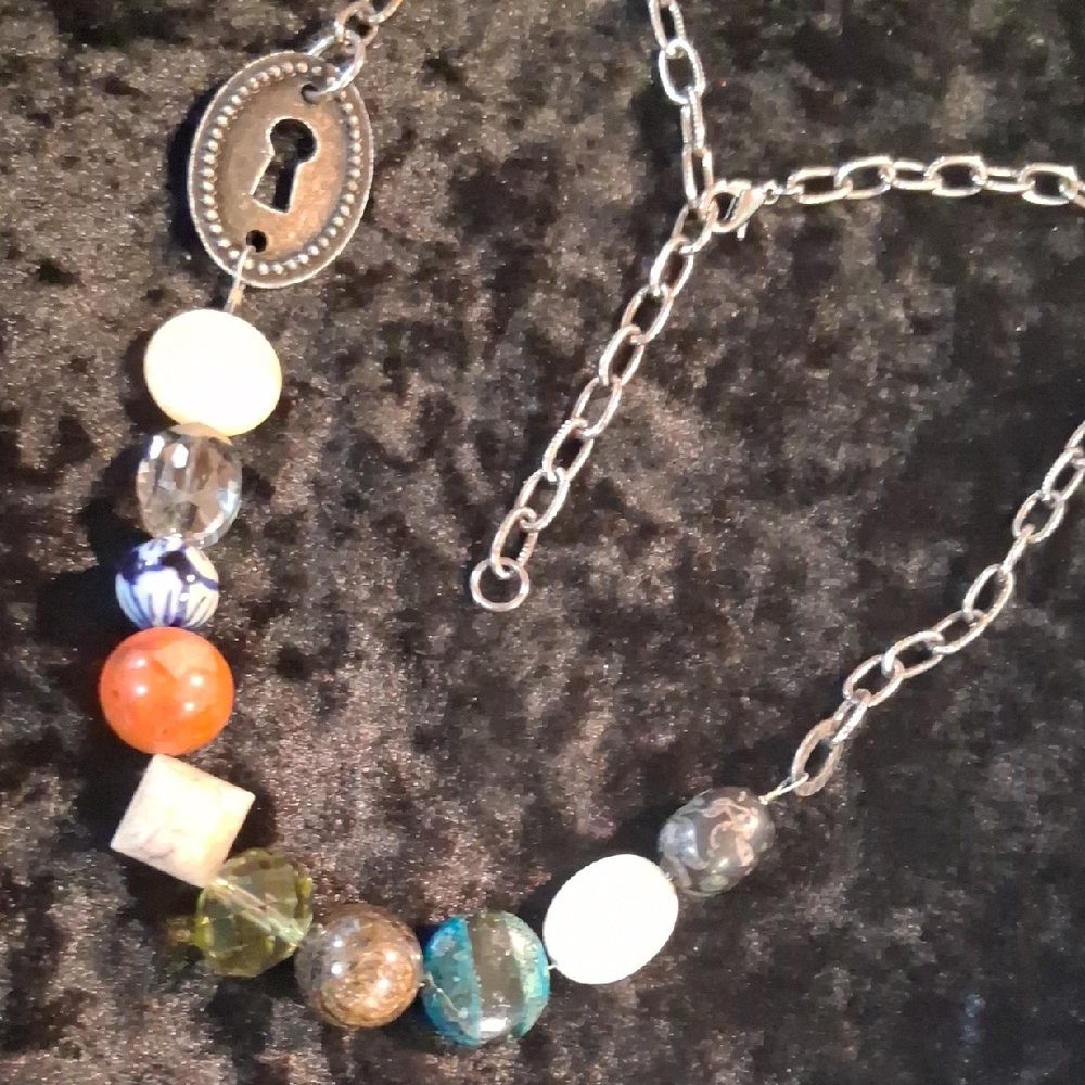Charlotte Russe Multicolor Beaded Necklace with Silver Chain 22 In Long & Ring